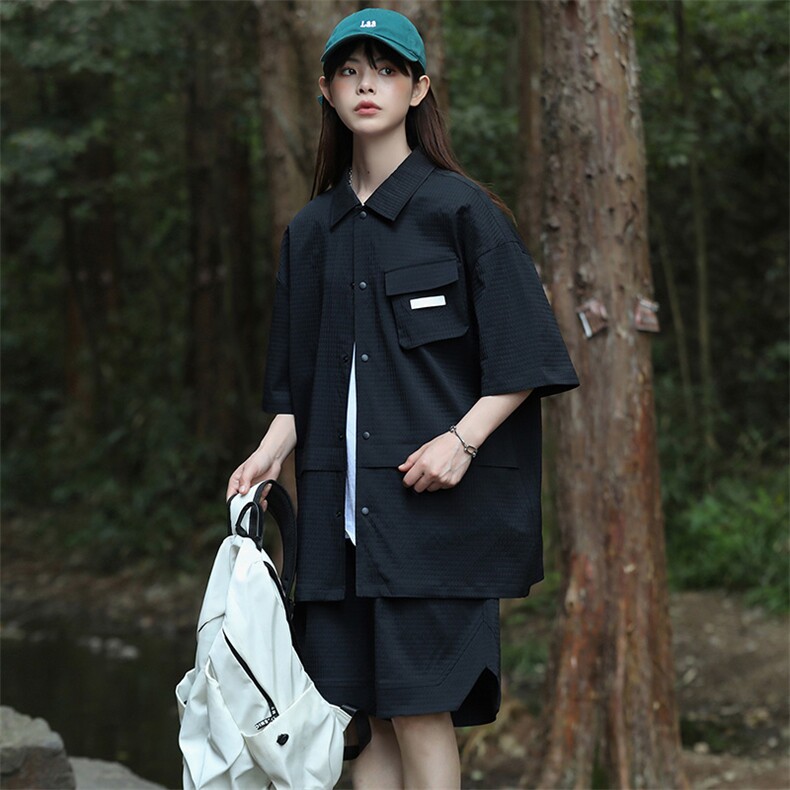 夏上新中性风时尚纯色翻领衬衫短裤半袖套装男女8717-P85控价138,男装衬衫,电商A441-1
