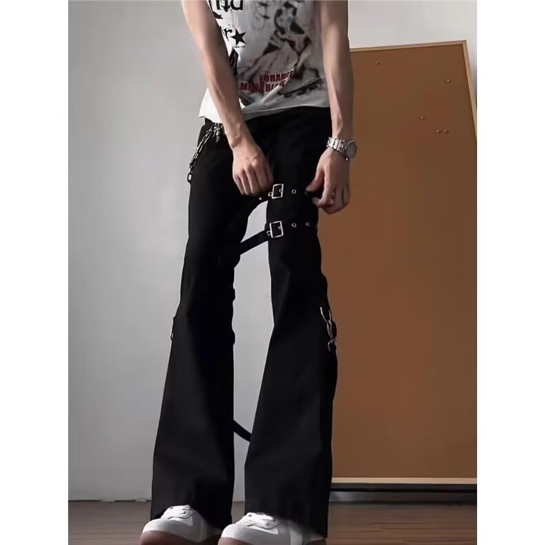 黑色vibe绑带微喇工装牛仔裤男美式高街修身喇叭裤子L84399-P55,男装牛仔裤,星座1008
