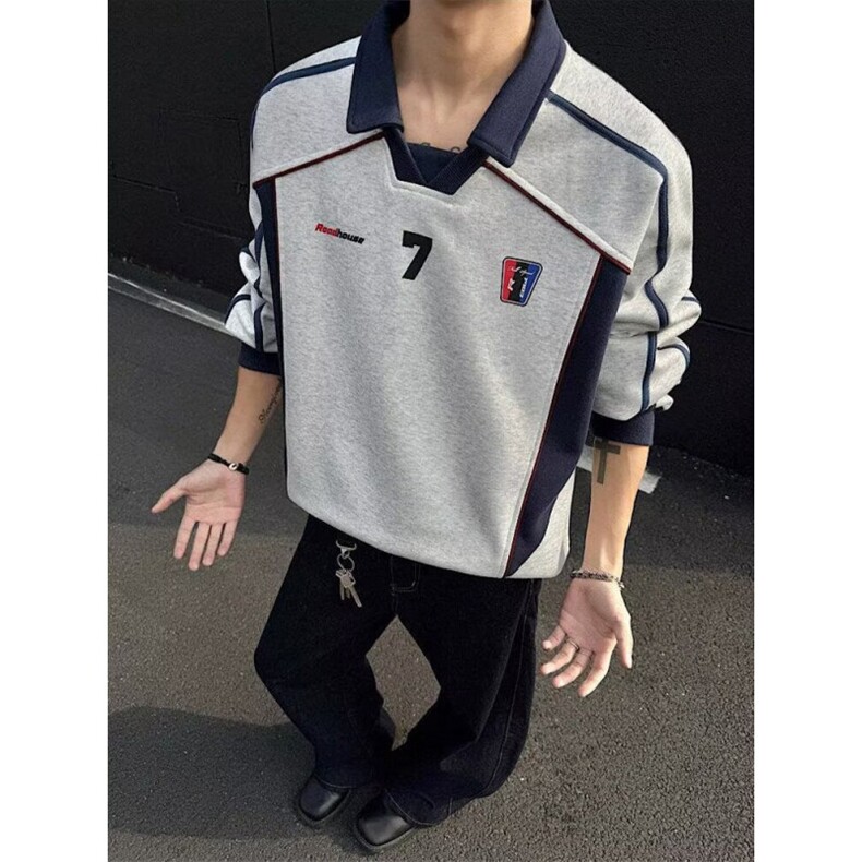 美式潮牌复古卫衣男女春秋痞帅气高街宽松撞色机车POLO领上衣外套,男装Polo衫,四季星座505