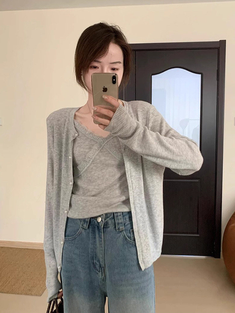 优雅气质女装羊毛衫套装显瘦蕾丝吊带开衫两件套,女装羊毛衫,圣旺供货
