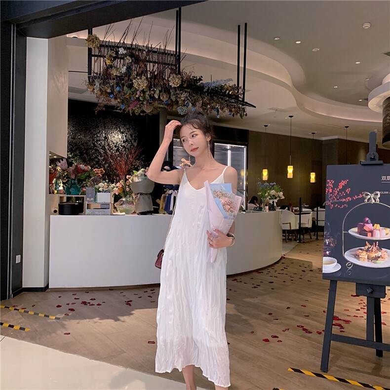 现货2022夏季新款打底褶皱中长款吊带裙仙女裙-A1810-P55K99,女装背心吊带,浙宝305