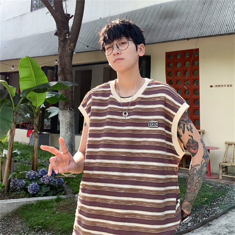 抖音品质洗水撞色条纹毛边背心无袖T恤XB2333-P35控58,男装T恤,电商B370