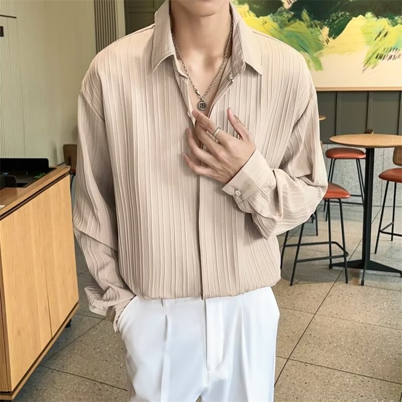 褶皱肌理衬衫男士春季新款长袖宽松休闲寸衫免烫垂感衬衣C904,男装衬衫,星座1116A-2（原606A-1）