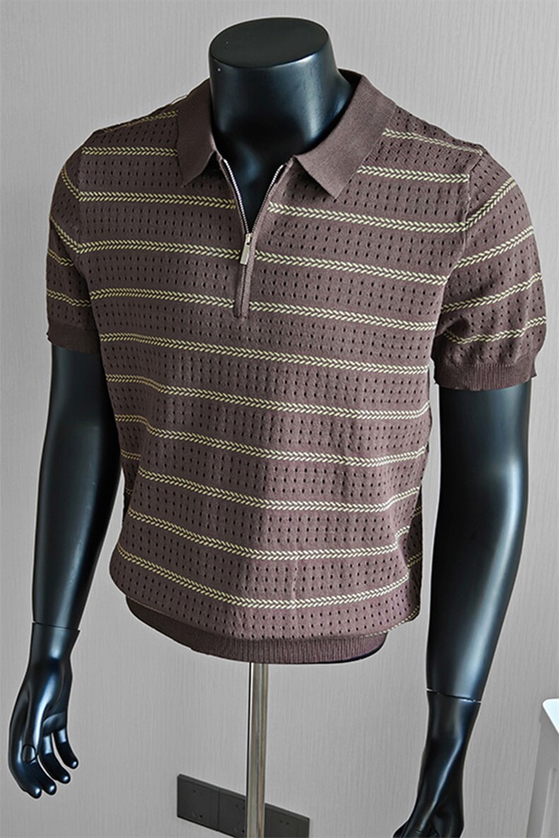 盗图老钱风镂空翻领冰丝条纹针织短袖POLO衫E77105/P58控88,男装T恤,电商A243