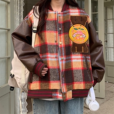 秋季新款复古港味格子棒球服外套女长袖宽松刺绣棒球服C341-90，女装短外套，星座911-2(原星座613-2）