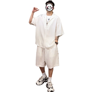 (网图慎用）特批P58无差价假两件老钱风轻薄亚麻两件套装男TZ5355图片