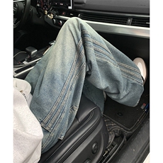 直筒牛仔裤男美式潮牌做旧侧边条纹阔腿裤子复古工装裤TS118-P45，男装牛仔裤，星座610（原A335）