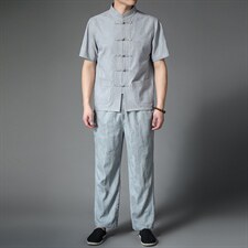 DW22037夏男式薄款短袖风纽扣休闲套装中老年爸爸装唐装P130，男装民族服装，电商B360