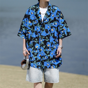 8XL-M 冰丝凉感衬衣垂感透气复古花纹宽松男五分袖短袖衬衫CS526图片