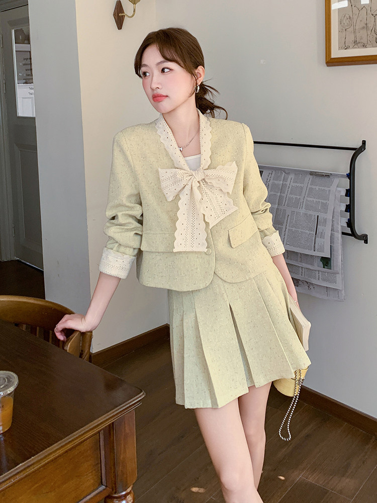 法式小香风小个子穿搭一整套女2025春新款蝴蝶结外套百褶裙两件套,女装套装/套裙,浙宝069