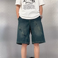 夏季高街牛仔短裤男美式ins复古宽松百搭中裤痞帅拉链工装五分裤，男装牛仔裤，星座601-2