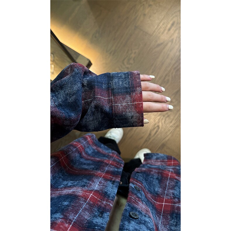现货复古晕染格子长袖衬衫女高级感慵懒风外套男C19-P50控78,男装衬衫,星座205-5