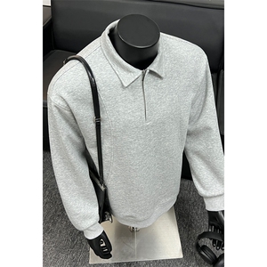 灰色polo衫男生秋季高级感长袖卫衣复古cleanfit宽松纯色简约上衣