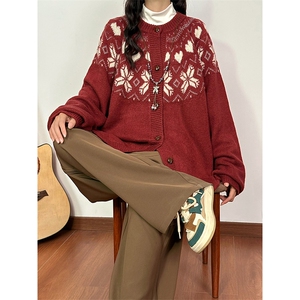 重磅秋冬装北极绒开衫毛衣美式复古休闲圣诞慵懒风提花针织衫外套图片