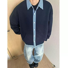 1506/Q8170/P44假两件拼接格子翻领卫衣，男装卫衣，星座1506