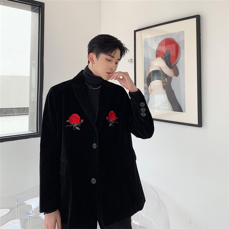 新款韩版丝绒西服男刺绣玫瑰复古百搭网红气质上衣A452-1955图片