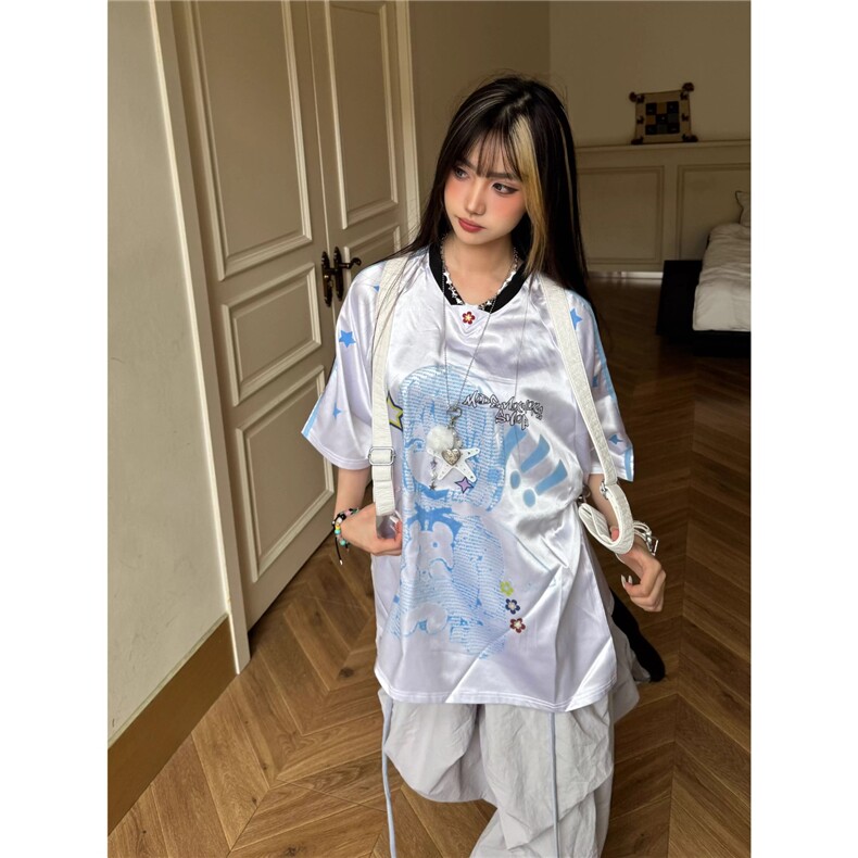 美式复古轻亚卡通少女印花v领球衣2025夏季短袖T恤女宽松条纹上衣,男装T恤,星座506A