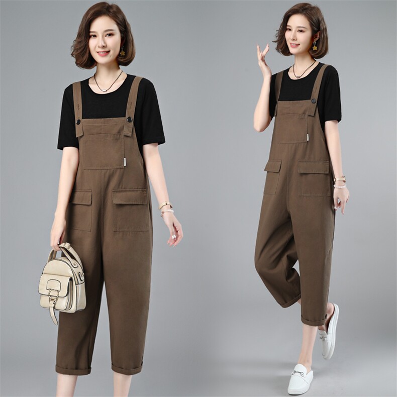 套装女洋气减龄2024年夏季新款潮韩版休闲时尚两件套装T恤+背带裤，女装套装/套裙，简韵佳