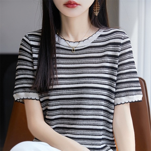 夏季花边圆领莱赛尔天丝半袖T恤女宽松撞色条纹休闲针织短袖上衣,粉色运动外套上衣搭配图片