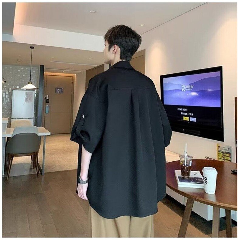 黑色翻领男士短袖衬衫日系少年感穿搭夏季宽松休闲百搭冰丝七分袖,男装T恤,星座715-7