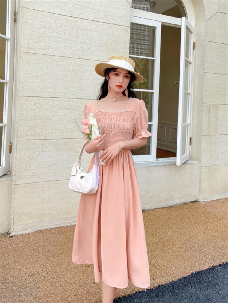 净色夏季连衣裙，女装连衣裙，安玖拉