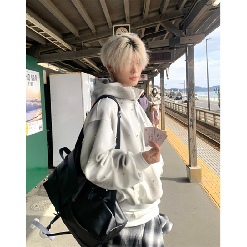 复古扎染珍珠点缀喷绘连帽卫衣男女休闲百搭宽松开衫上衣WA242，男装卫衣，星座1116A（原606A-3）