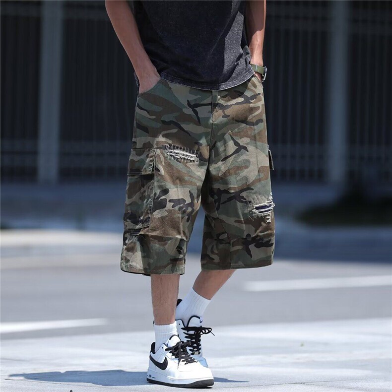破洞补丁迷彩牛仔短裤男款宽松大口袋伐木青少年水洗裤子5650P48,男装牛仔裤,星座410-2