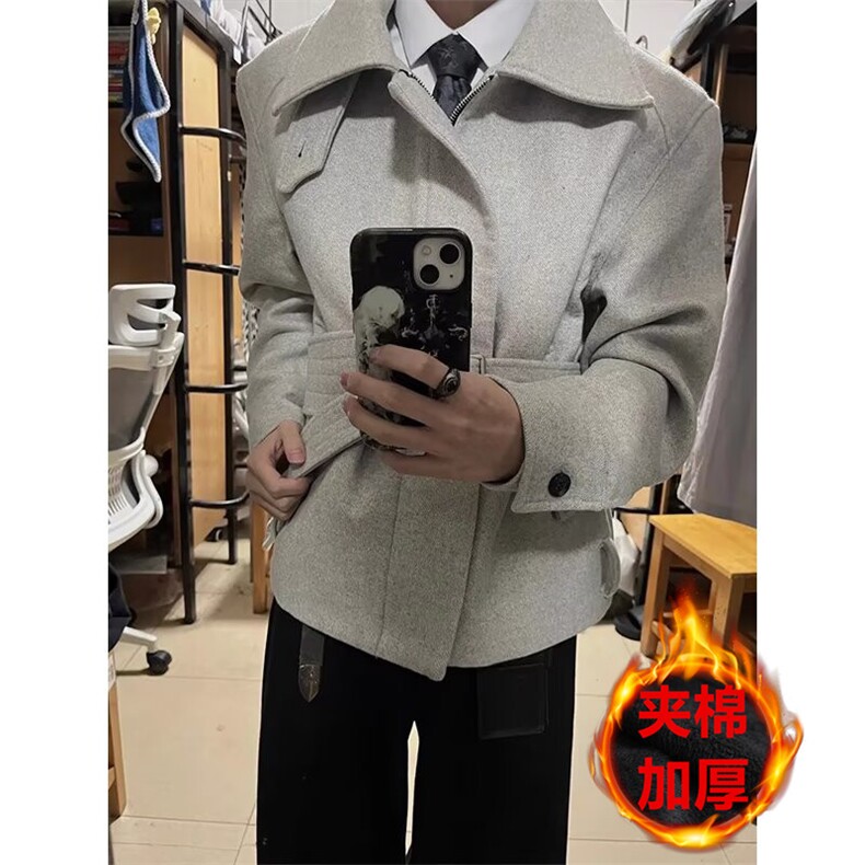 美式正肩绑带毛呢夹克男女冬季夹棉情侣短款工装棉服外套,男装夹克,四季星座505