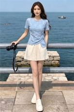 女夏新款时尚减龄套装圆领侧绑带晕染设计短袖上衣蕾丝短裤两件套，女装套装/套裙，江南