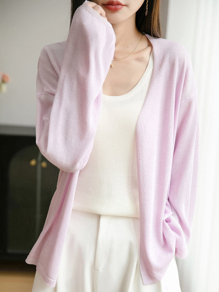 法式V领冰丝针织开衫女长袖防晒衣2025夏薄披肩上衣薄款外穿小衫,针织衫/毛衣,佳绒包芯纱店