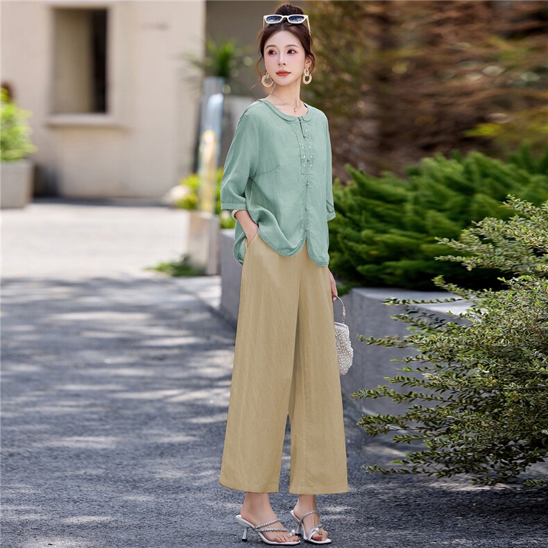 长期有货2026夏季新款天丝苎麻刺绣衬衫T恤中年阔腿裤两件套装女,女装套装/套裙,璐依舞