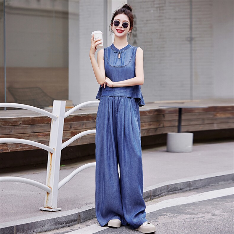 新中式天丝牛仔阔腿裤套装女2025夏季休闲宽松盘扣无袖牛仔套装，女装套装/套裙，慕依路