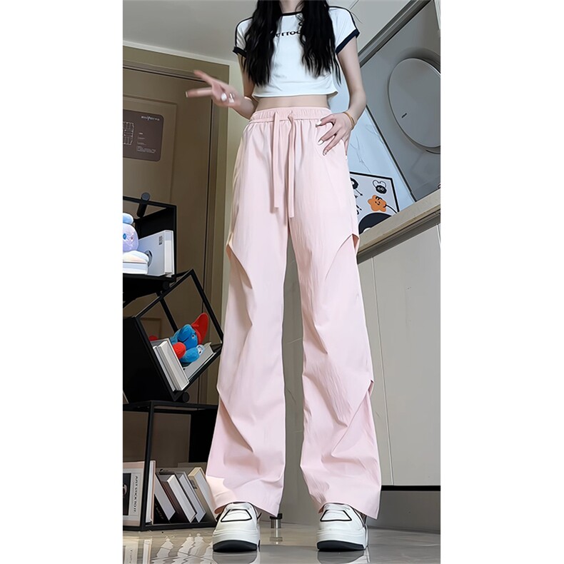工装裤女2025夏季美式复古高腰直筒宽松阔腿速干运动休闲裤潮，女装休闲裤，电商A102
