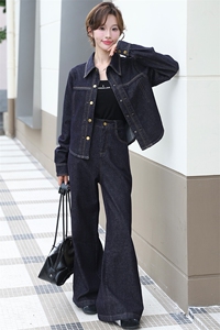 现货气质显瘦女装高级感24年新款秋季高端欧货牛仔喇叭腿裤两件套图片