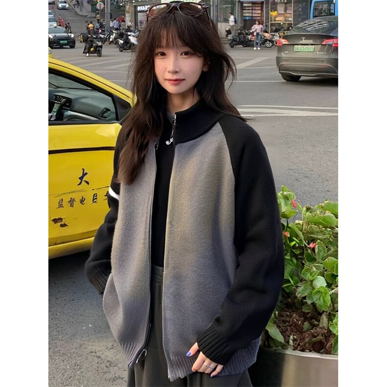 重磅秋冬北极绒开衫毛衣美式复古休闲慵懒风撞色立领针织衫外套，男装针织衫/毛衣，电商A486-1