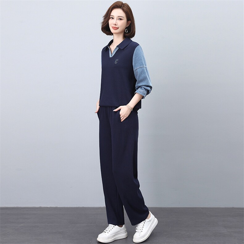卫衣套装女款20245春秋新款休闲牛仔拼接翻领两件套图片