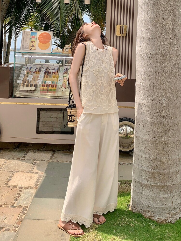 现货210-3252-P150-K218无袖重工蕾丝刺绣上衣阔腿裤套装,女装套装/套裙,浙宝210（原浙宝191）