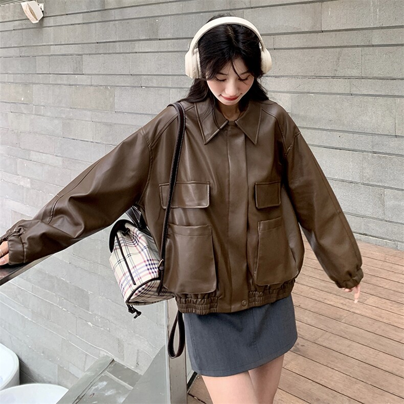 《48H发》翻领美拉德机车宽松皮衣短外套，女装皮衣，辰辰家