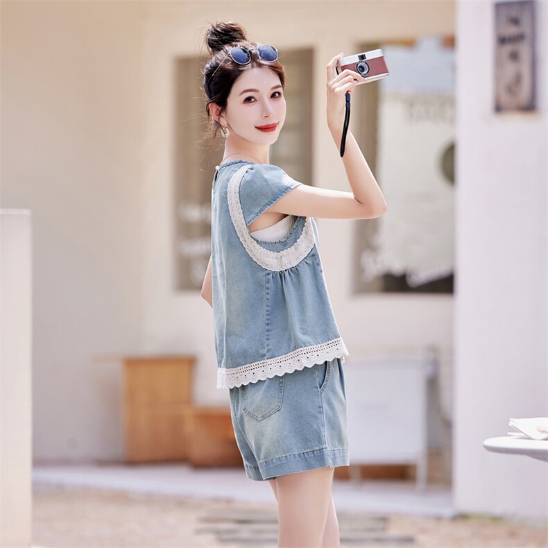 今年流行牛仔套装女夏薄款小个子时尚洋气时髦2025新款短裤两件套,女装套装/套裙,意芙