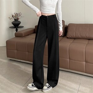 春款小众设计窄版直筒裤宽松显瘦侧拼接防牛仔拖地西装裤女，女装休闲裤，云美莎专业女裤-全店现货