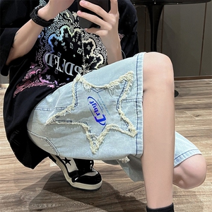 毛边牛仔短裤高街男美式街头宽松休闲五分裤子夏季薄款N0551-P40图片