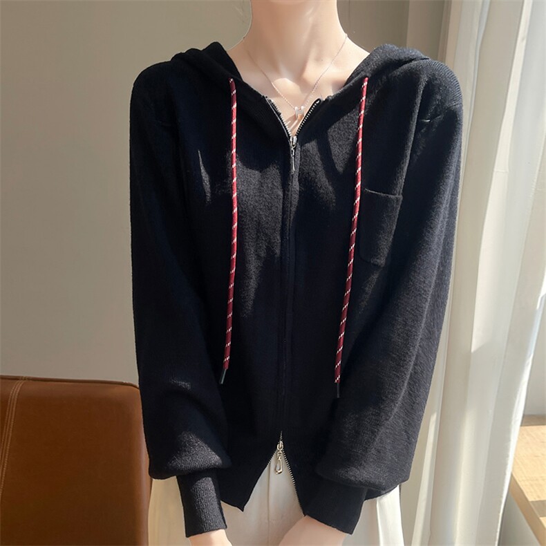 24秋季新款韩版休闲连帽卫衣针织开衫外套女气质宽松显瘦百搭毛衣，女装短外套，圣丽羊绒