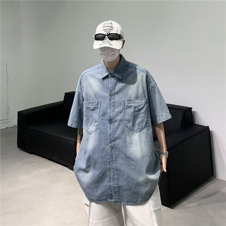 牛仔衬衫男夏季韩版潮流学院风短袖衬衣ins超火百搭宽松外套,男装衬衫,星座410-6（原星座1304-1）