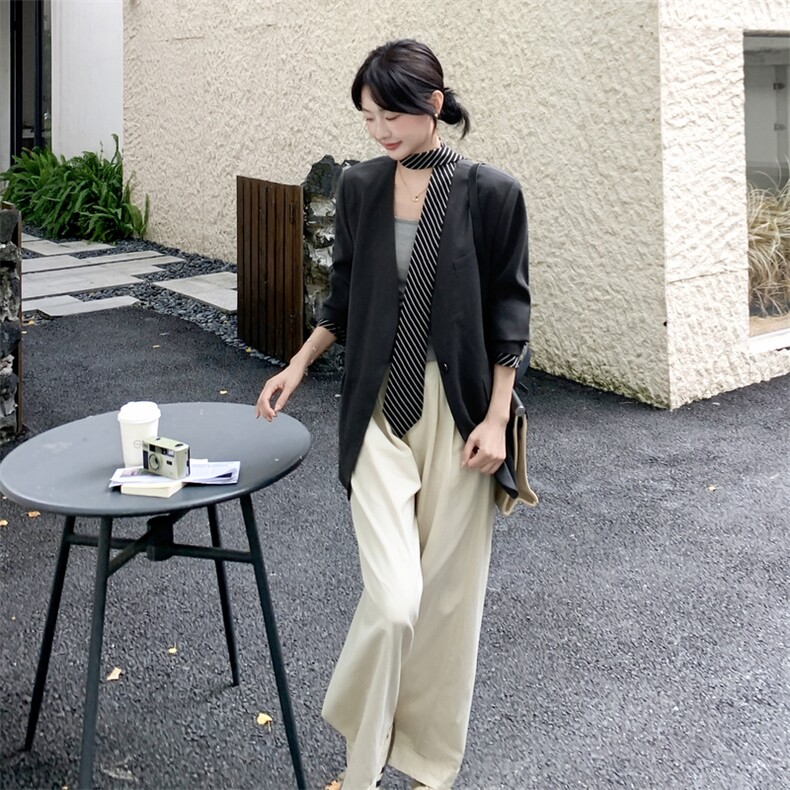 现货2B081-3278-P155-K228高级松弛感休闲条纹飘带西装外套,女装西装,2B081
