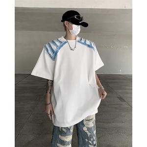 现货 ! 高品质25牛仔拼接拉毛设计感垫肩短袖T恤DX127-P78图片