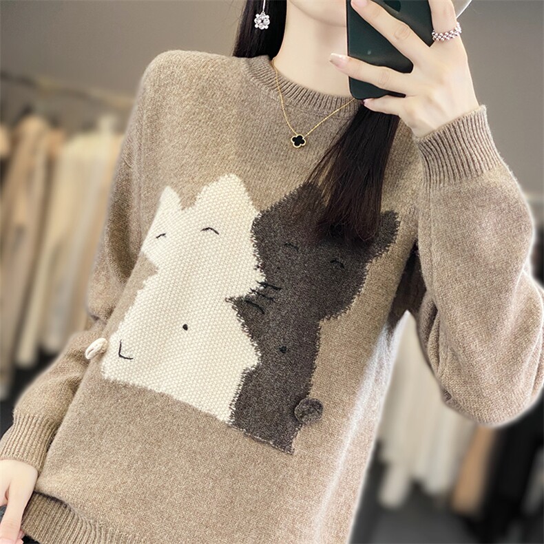 秋冬新款羊毛衫女士圆领狐狸刺绣拼色针织衫毛衣羊绒套头打底上衣,女装羊毛衫,狄美羊绒