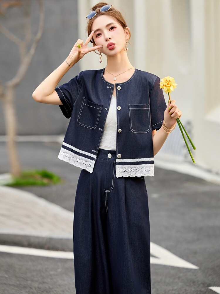 天丝牛仔蕾丝拼接套装女2025春夏新款高级感减龄休闲阔腿裤两件套,女装套装/套裙,魅影
