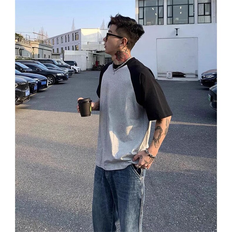 抖音得物高品质二开240克宽松纯棉美式潮牌插肩袖拼接短袖T恤，男装T恤，电商A486