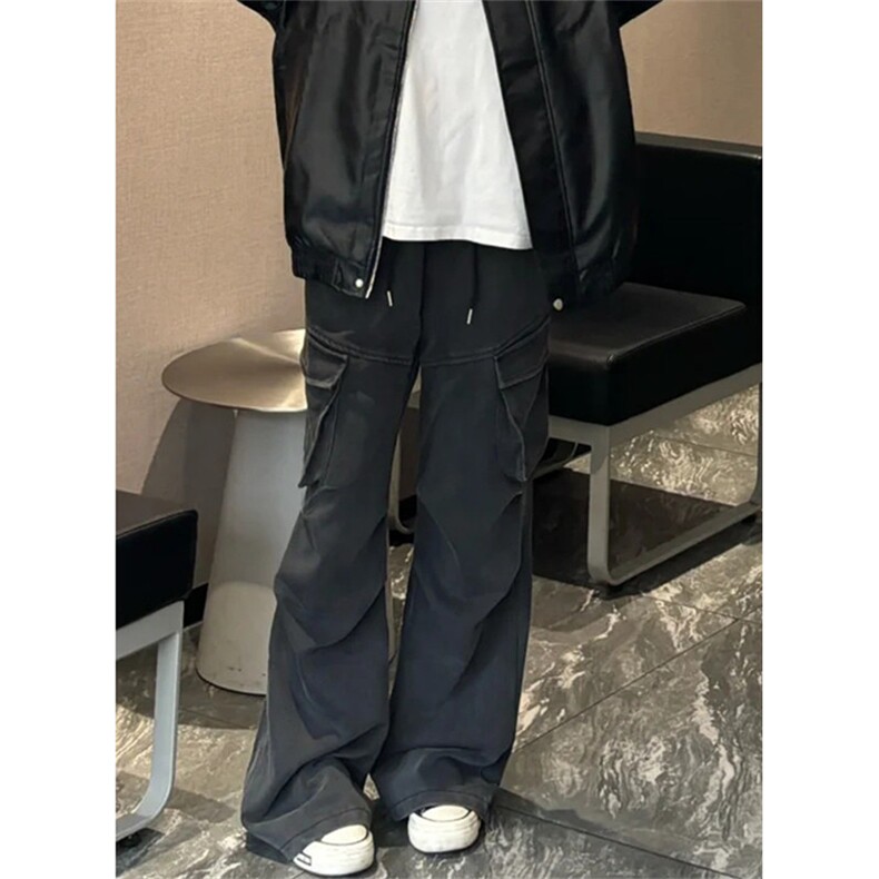 多口袋工装休闲裤男水洗做旧松紧腰卫裤直筒伞兵拖地长裤KM41,男装休闲裤,星座1116A（原606A-3）