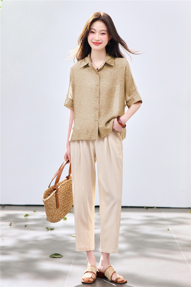 长期现货2026年夏季冰天丝时尚休闲两件套提花莱赛尔衬衫休闲裤女,女装套装/套裙,璐依舞